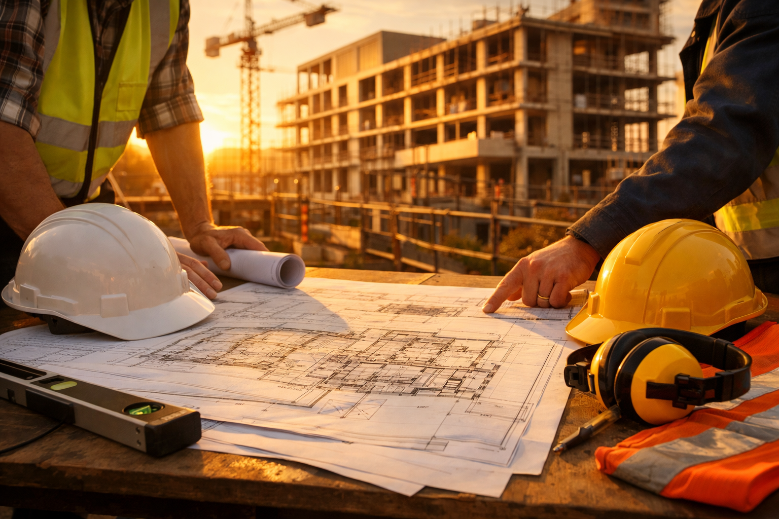 Jewel Enterprises project planning session with architectural blueprints at a construction site